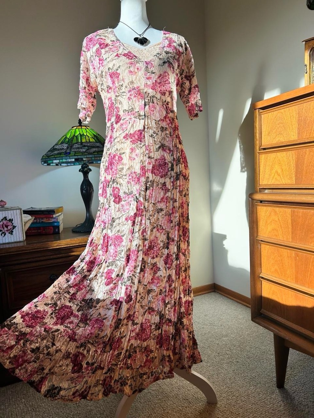 Floral Pink Cream Maxi Dress